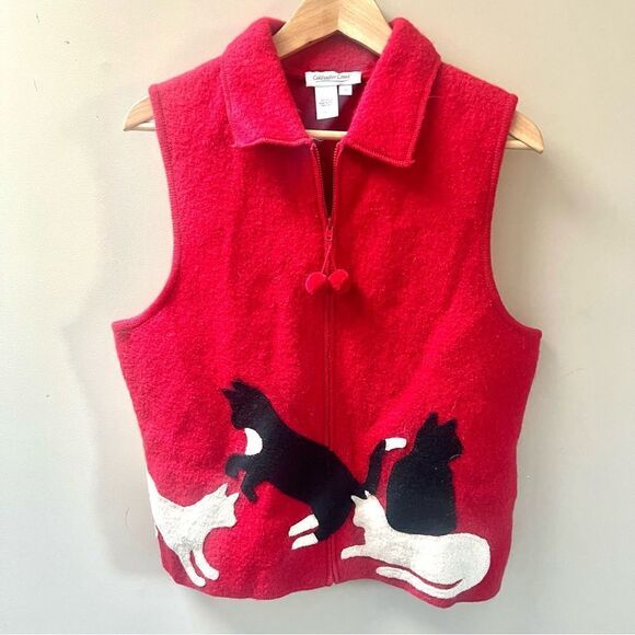 Coldwater Creek wool red vest with embroidered cats M - Picture 1 of 5